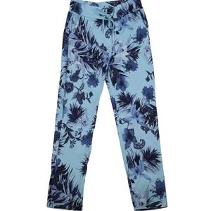 Made Italy Blue Floral Pull On Pants Womens M Stretch Pockets Resort Tapered